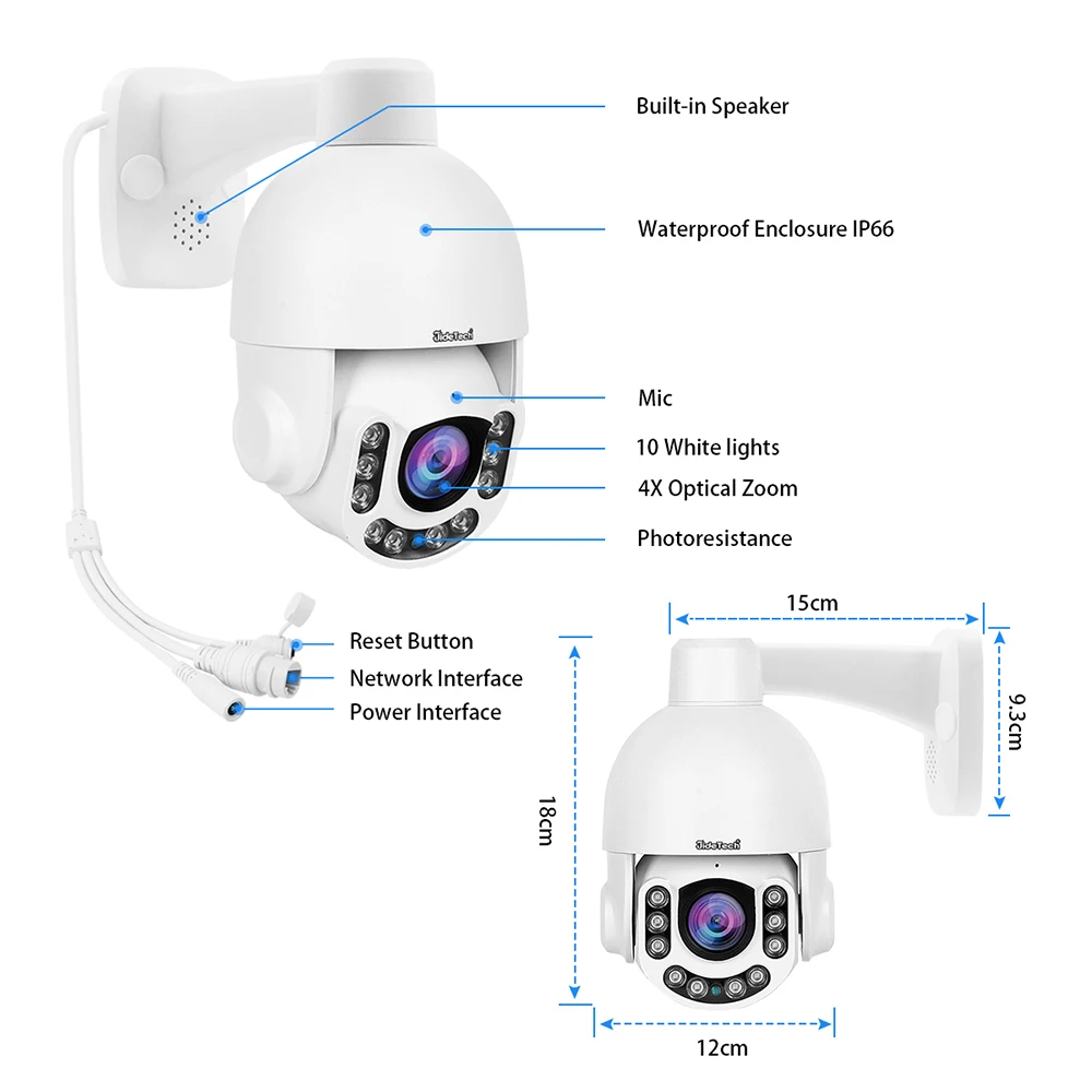 JideTech 4X Optical Zoom POE CCTV Camera 360 Degree Two Way Audio Automatic Tracking IP Camera POE 5MP