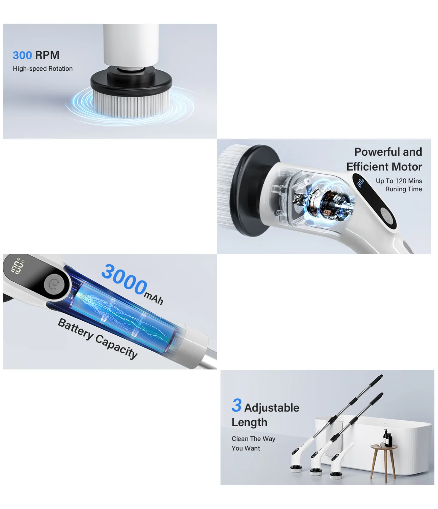 Dual Speed 360 Power Electric Spin Scrubber Cordless Cleaning Brush Adjustable Detachable Handle Portable Electronic Tile