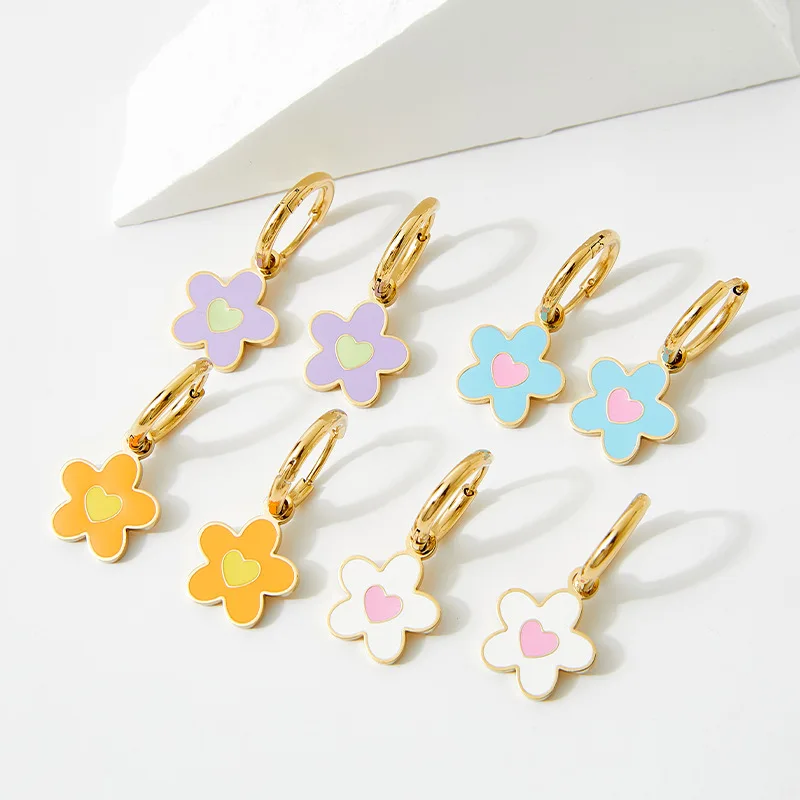 Trending Stainless Steel Earring with Enamel Flower Korean Waterproof Earring Jewelry for Girl Women Party Gift