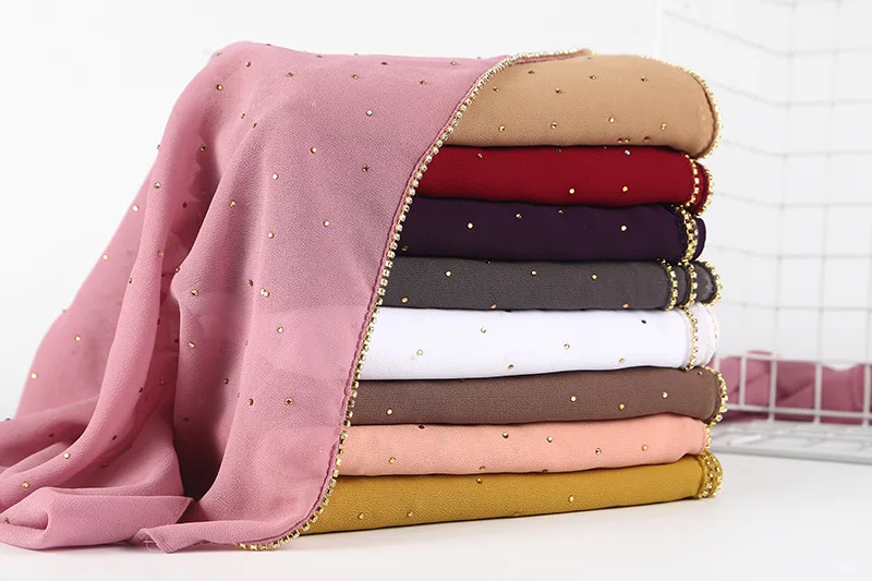 New Style Custom Bubble Chiffon Fancy Diamond Chain Ladies Muslim Hijab Islamic Hijabs