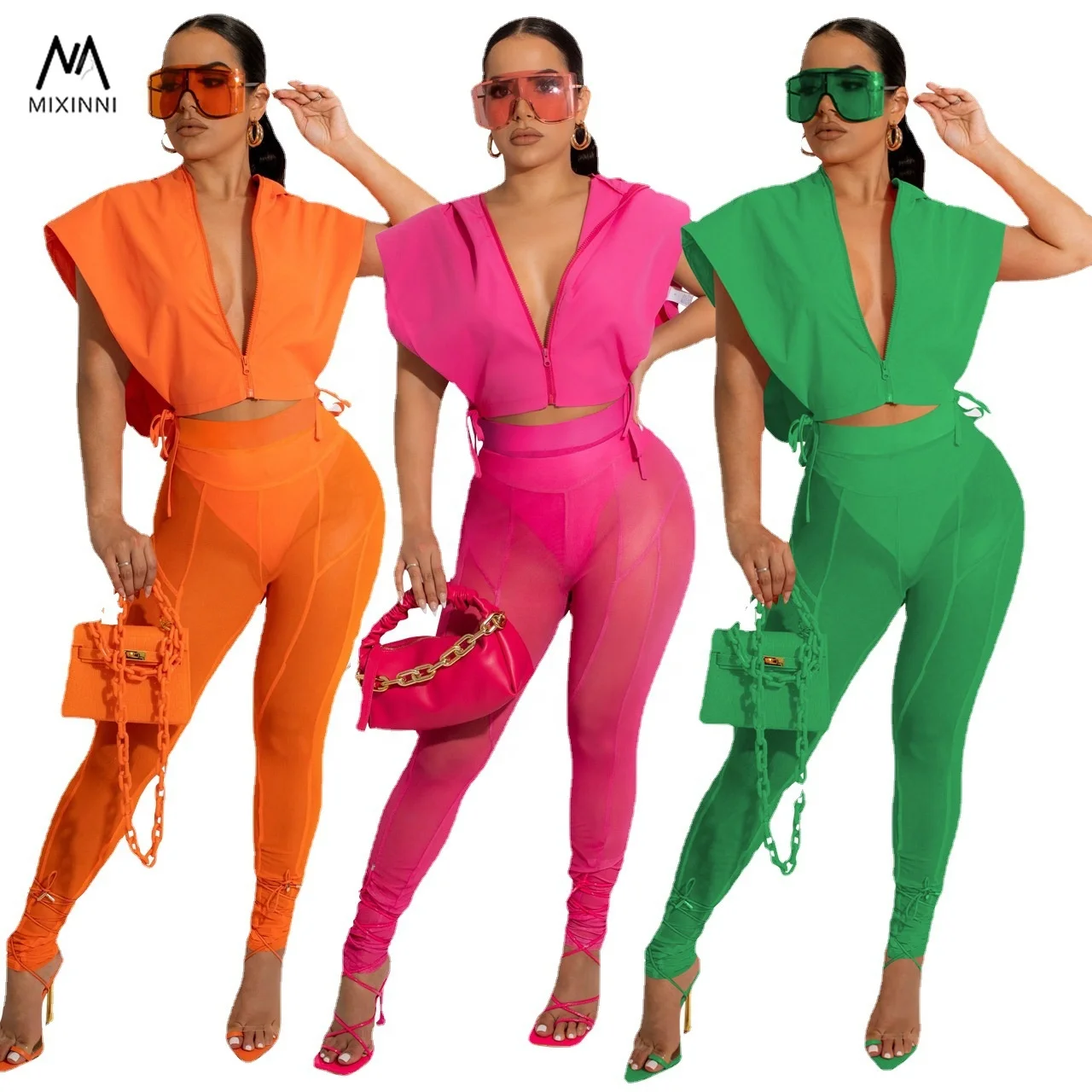 MXN 229 Fashion temperament solid color women suit,blouse plus mesh pants three-piece set,party sexy women 2 piece set