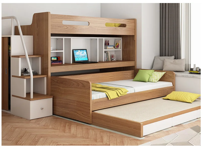 Nordic style  MDF  children there bunk bed with study table and storage drawer