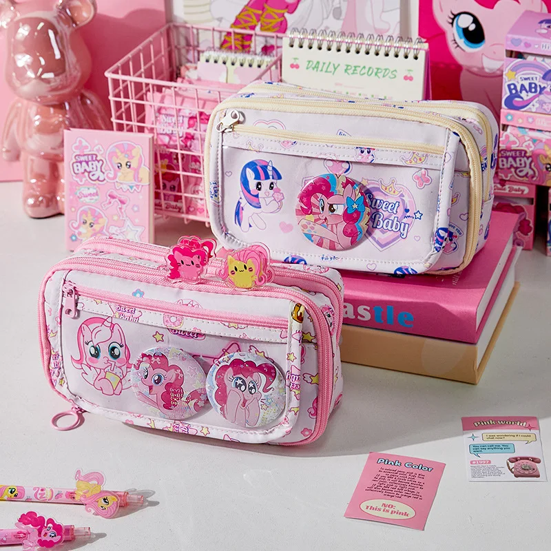Large capacity pencil case high value transparent interlayer, elementary school students pink cute stationery storage bag