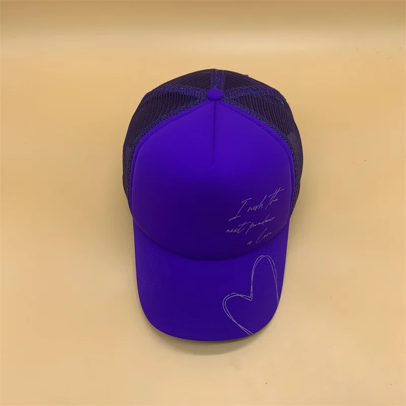 custom color wholesale sports 5 panel rubber print leather patch neoprene purple baseball trucker hat mesh cap