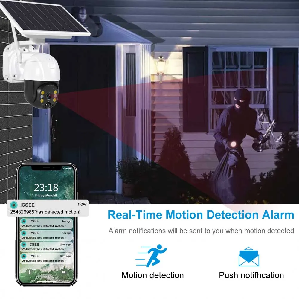 QEARIM solar battery powered outdoor security camera Low power PIR detection ICSEE 3g 4G LTE Sim card solar ip camera