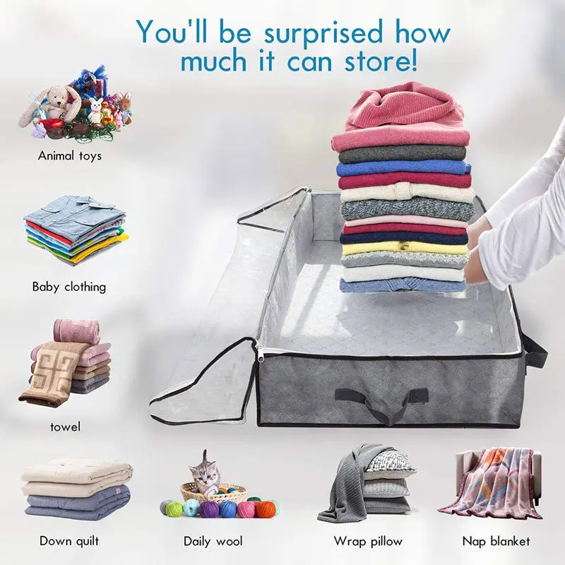 Foldable Under Bed Bags Large Under Bed Storage Boxes Thick Breathable Underbed Clothes Storage Bags Zippered Organizer