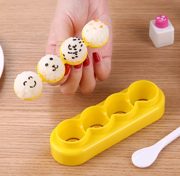4 Cavities Plastic DIY Ball Shape Sushi Rice Decorating Mold Set Include Nori Cutters And Spoon Bento Accessories