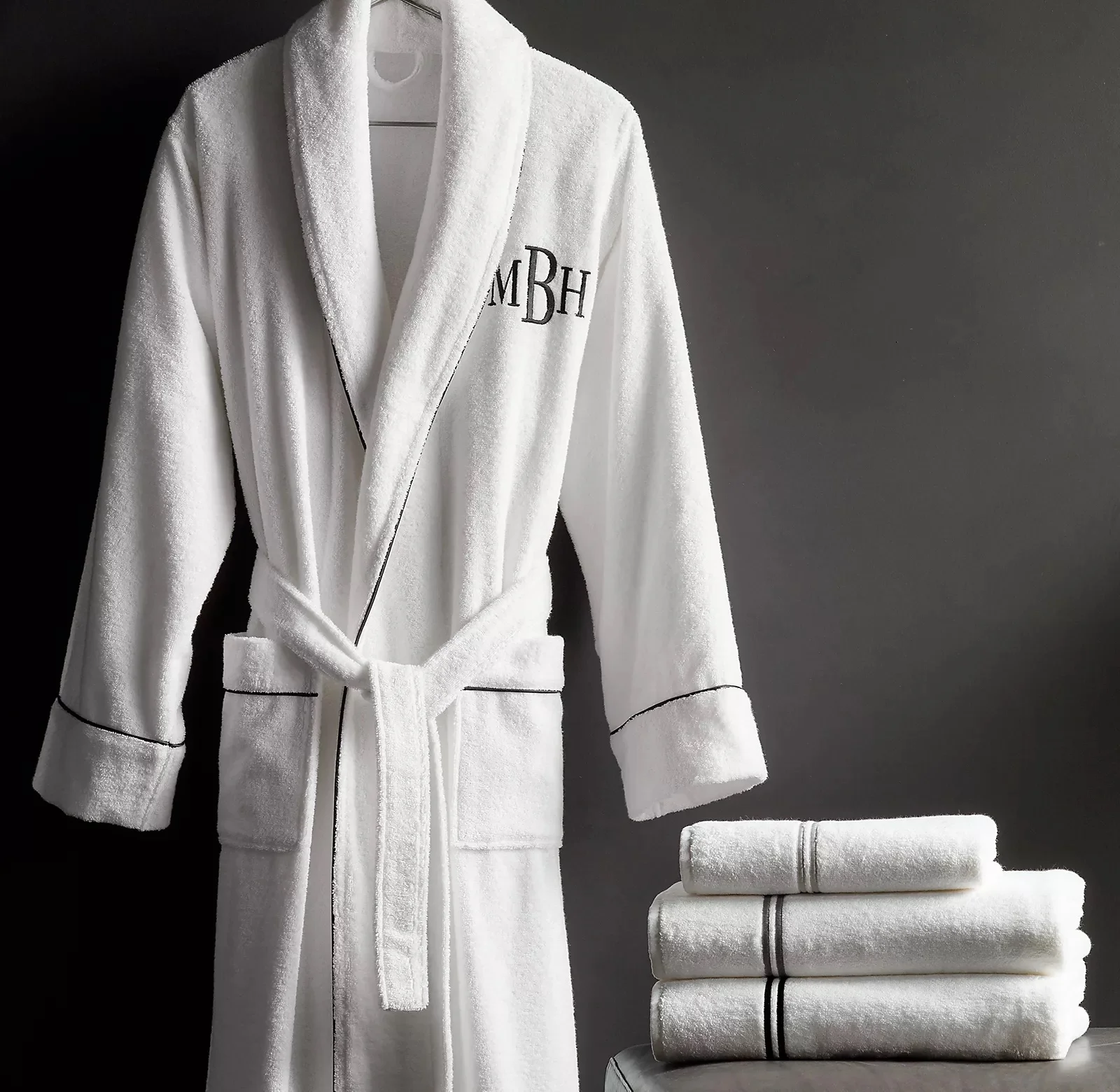 Wholesale Customized Logo Shawl Collar Piped Bath Robe 100% Cotton Hotel Terry cloth Spa Bathrobe with Black Piping