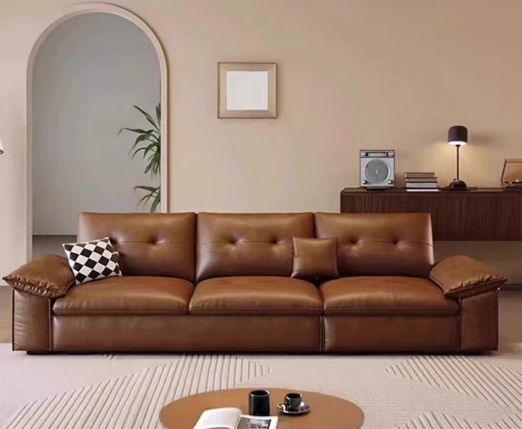 Italian Style Light Luxury Living Room Modern L-shaped Retro Brown Leather Sofa Set Furniture