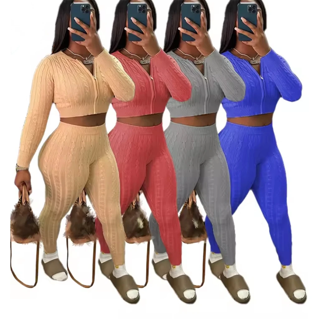 Fashion Fall Women clothes set Ribbed Wool Sweater Two Piece Set Party Club Outfits Solid Long Sleeve Zip Top Pant Set for women