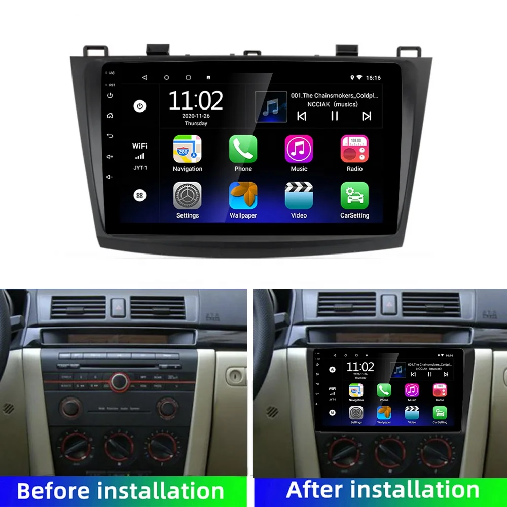 Carplay Android player 9 inch Double DIN car radio 2+32GB GPS WiFi DSP/RDS Car video player for Mazda 3 2010-13