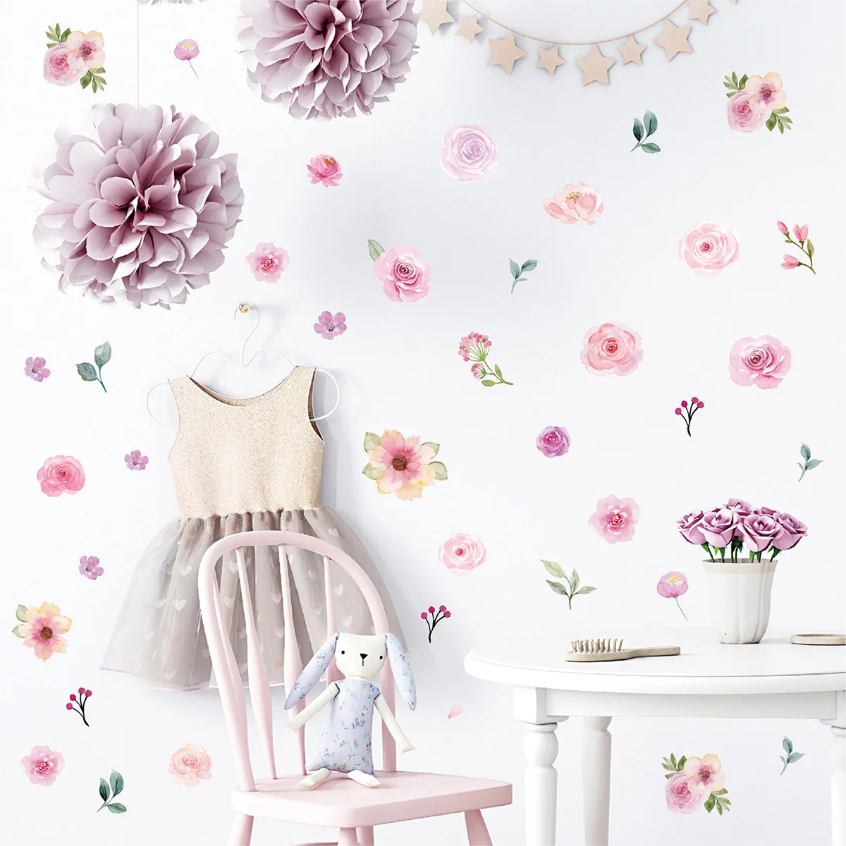 MZL Pink Floral Wall Stickers Watercolour Girl Bedroom Living Room Wedding Party Floral Decoration Self Adhesive Wallpaper
