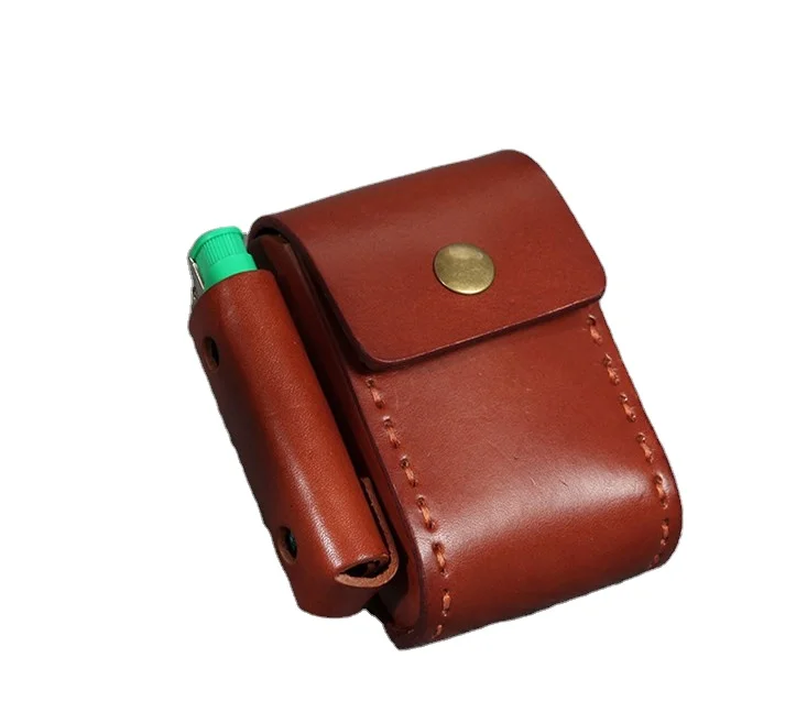 Retro Men Lighter Cigarette Case Cowhide 20 Sticks Wear Belt Waist Bag Hand Stitched Cigarettes Pack Smoking Tool Tobacco Box