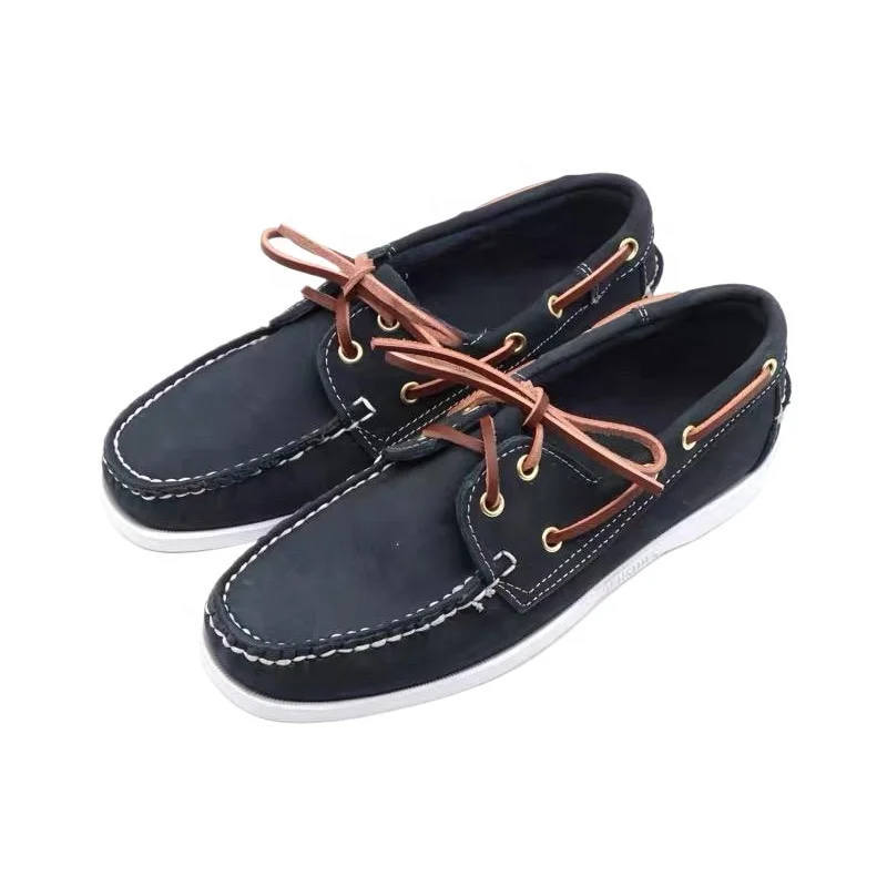 Dark Navy Nubuck Genuine Leather Peas Shoes Leather Laces Daily Commuter Casual Driving Walking Style Loafers Men Boat Shoes