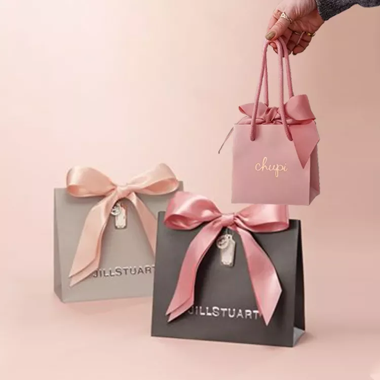 Custom you own logo mini small gift paper bags luxury boutique jewelry paper bag with Ribbon Tie Bow
