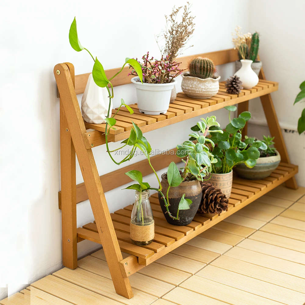 2-Tier Modern Natural solid wood Foldable Pot Racks Planter Organizer Display Shelves Flower Stand Rack Shelf
