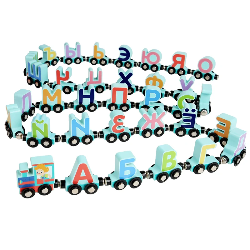 Wonden Toys 33 Pieces Wooden Train Toy Wooden Magnet Alphabets Russian Train Sets for Toddlers Kids Boys Girls New Train Tracks