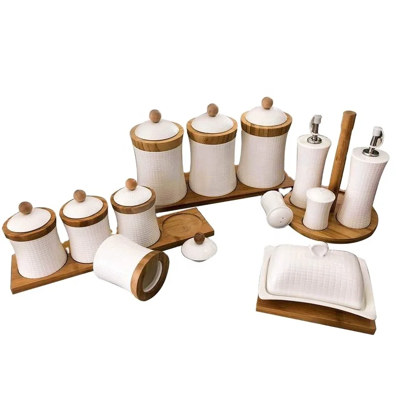 Wholesale Ceramic Condiment Jar Spice Salt Container With Bamboo Lid & Tray Porcelain