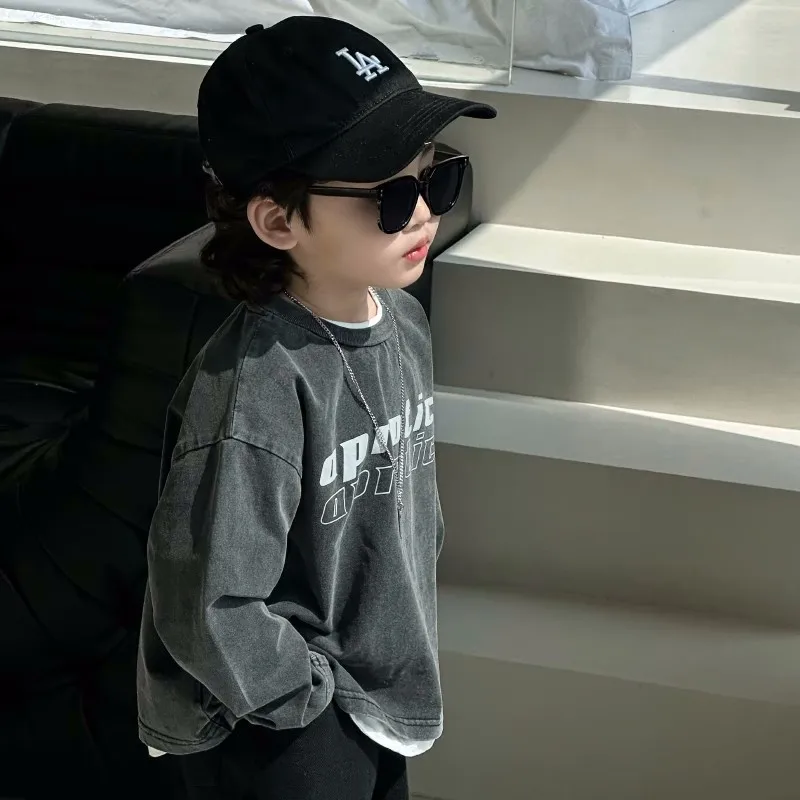 Hot Sales Kids Spring Clothes Acid Wash Shirt Printing Tshirts Boy Clothing 6 to 14 Years Summer Clothes for Kids Tshirt Cotone