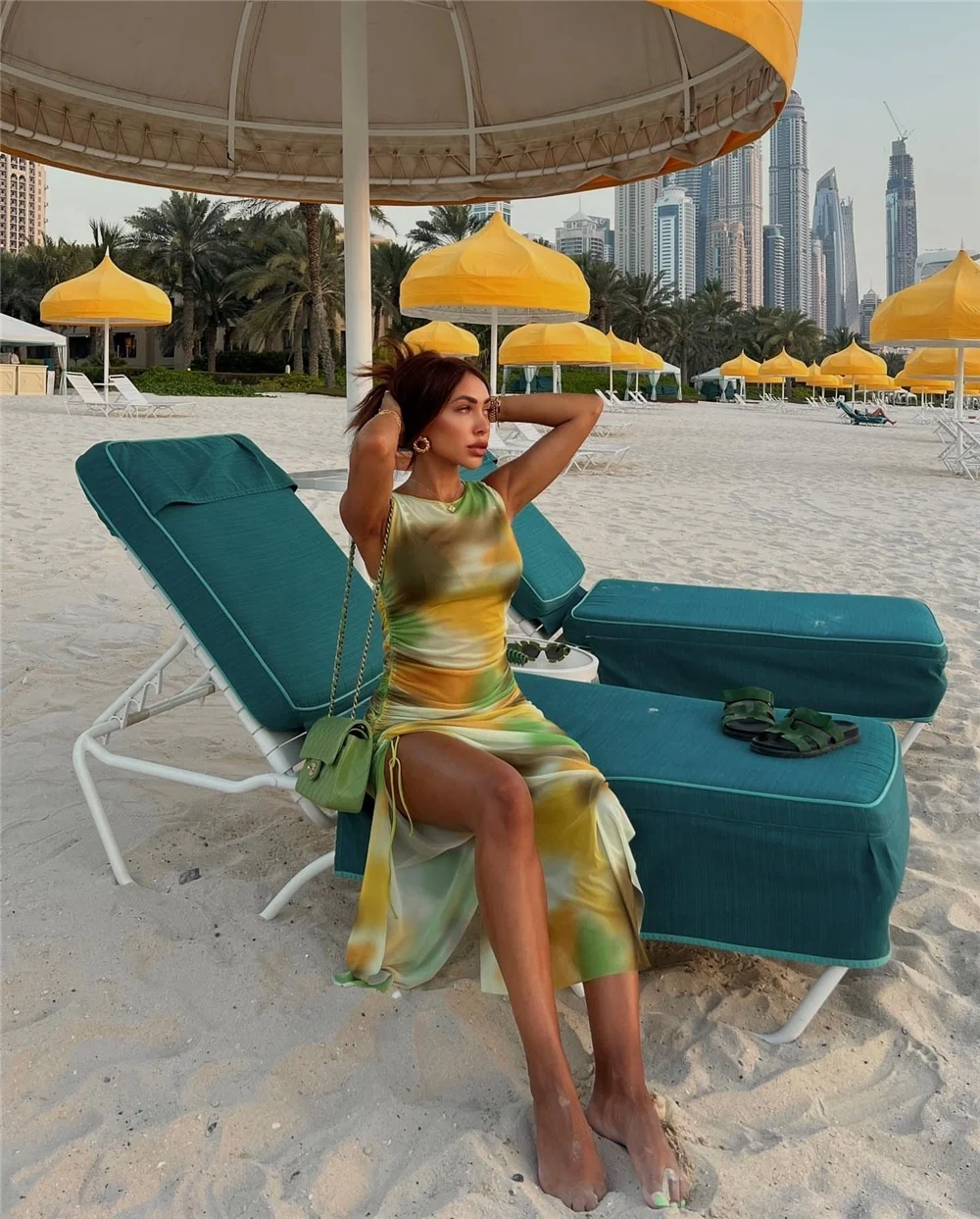 ZHEZHE Summer Latest High Quality Sleeveless Tank Top Tie Dyed Print Ruched Slit Long Maxi Dress Mesh Beach Dresses