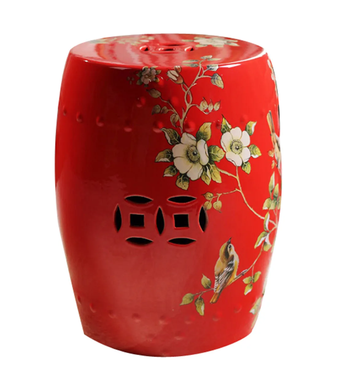 Modern Chinese Red Porcelain Drum Stools with Flower Bird Painting Decorative Ceramic Garden Stool