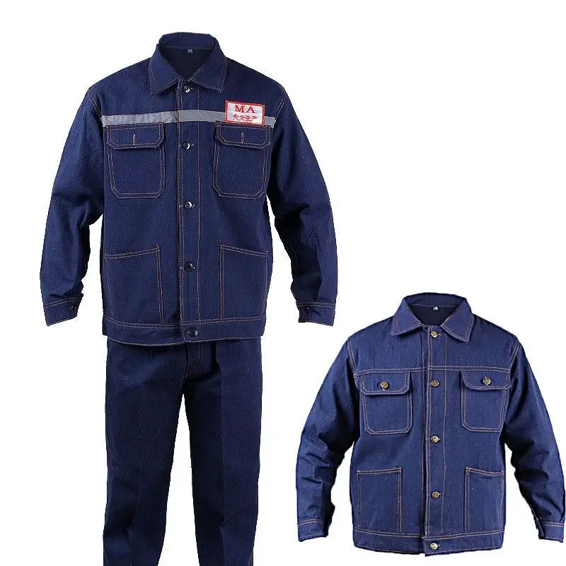 12oz Denim Work Wear Suits Unisex Heavy Duty Jeans Work Uniforms Welding Factory Steel Plant Reflective Safety Work Clothes