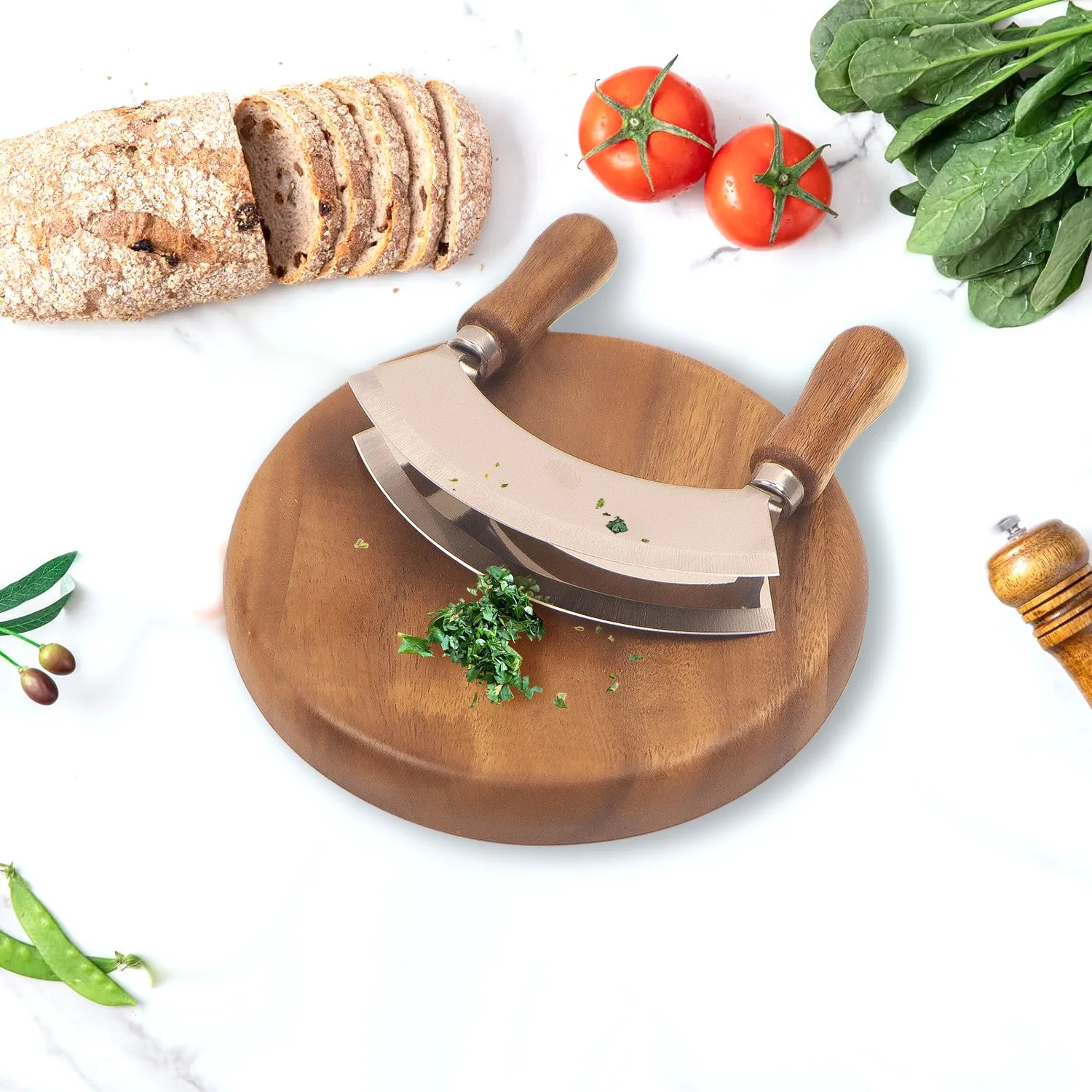 Double Blade Chopping Knife Pizza Cutter Rocker Knife with Stand Salad Chopper Mincing Knife Stainless Steel