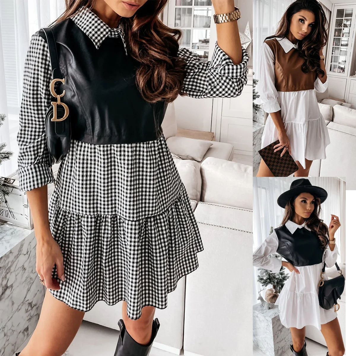 2022 New Arrivals Hot Style Fashion Comfortable Long Sleeves Dress Shirt collar Patchwork Dresses Cowhide Fashion Hemp Clothing