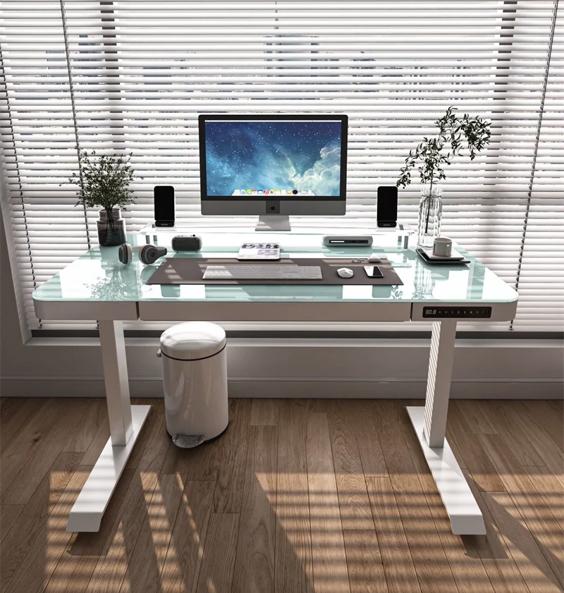 Home Office Height Adjustable Electrical Office Glass Table With Drawer Computer Sit Stand Desk