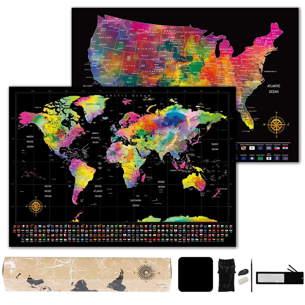 
Premium Quality Newest Large Scratch The World Travel Map of the word scratch map with stickers 