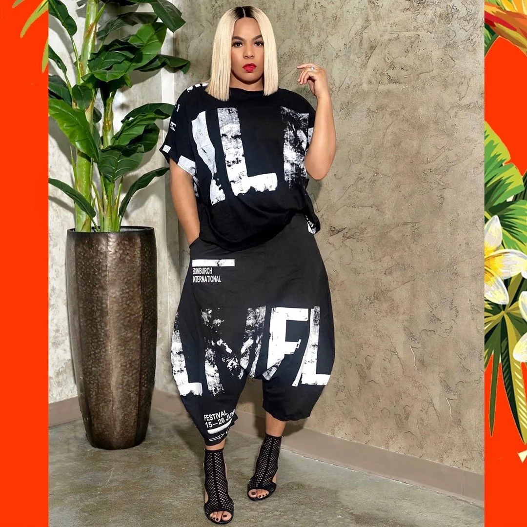Fashion Clothes 2021 Women Letter Print Two Pieces Short Sleeve Harem Pants Set Plus Size Clothing
