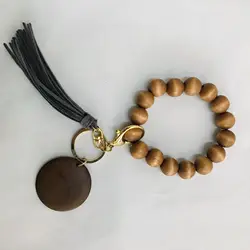 A 2356 Personalized String Keychain Wood Elastic Beaded Fringed Bangle Keychain Monogram DIY Wooden Bead Tassel Keychains