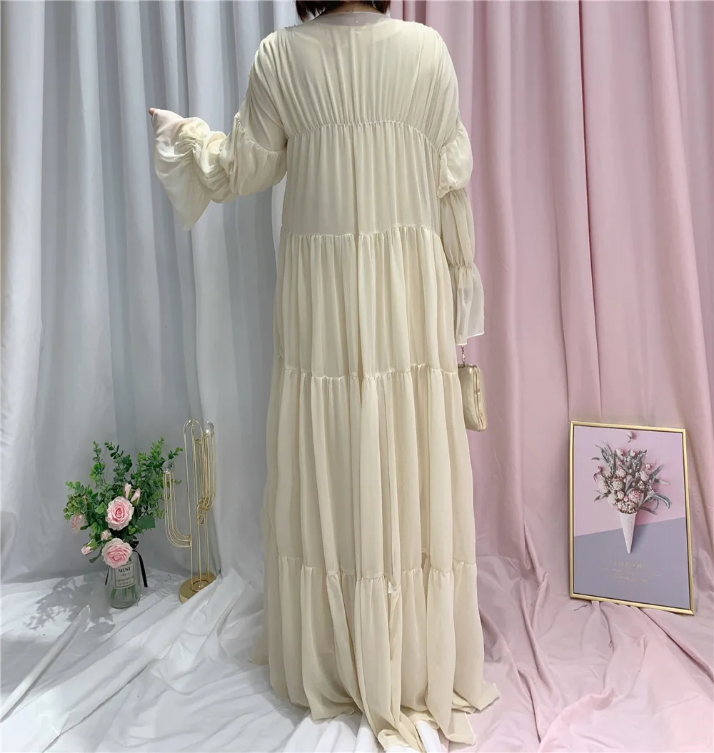 New Design Ruffle Hem Dubai Turkey Fashion Long Sleeve Light Pearl Chiffon Elegant Muslim Woman Open Abaya Kimono Dress