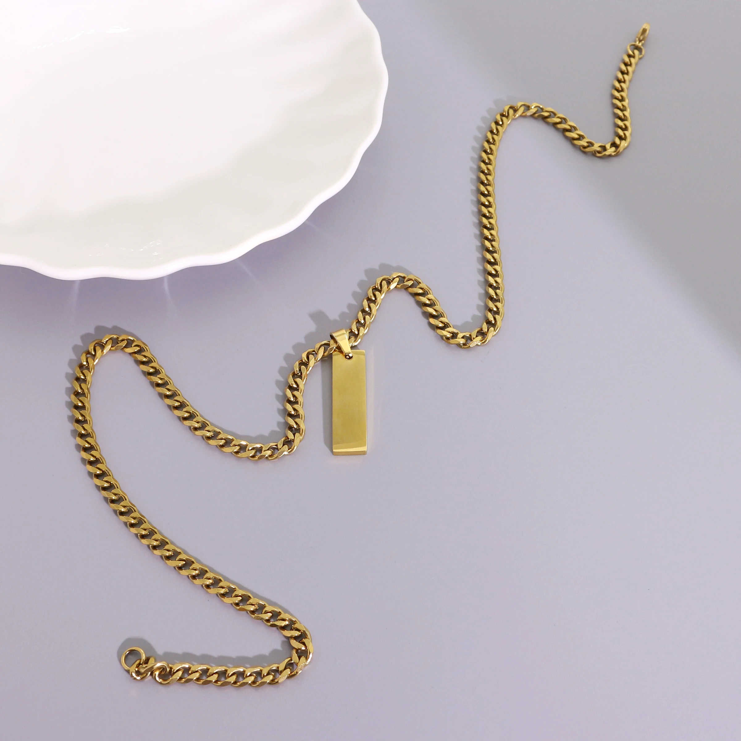 DIY Titanium Steel Long Pendant Necklace and Bracelet Set for Men Classic Style Stainless Steel Jewelry for Personal Engraving