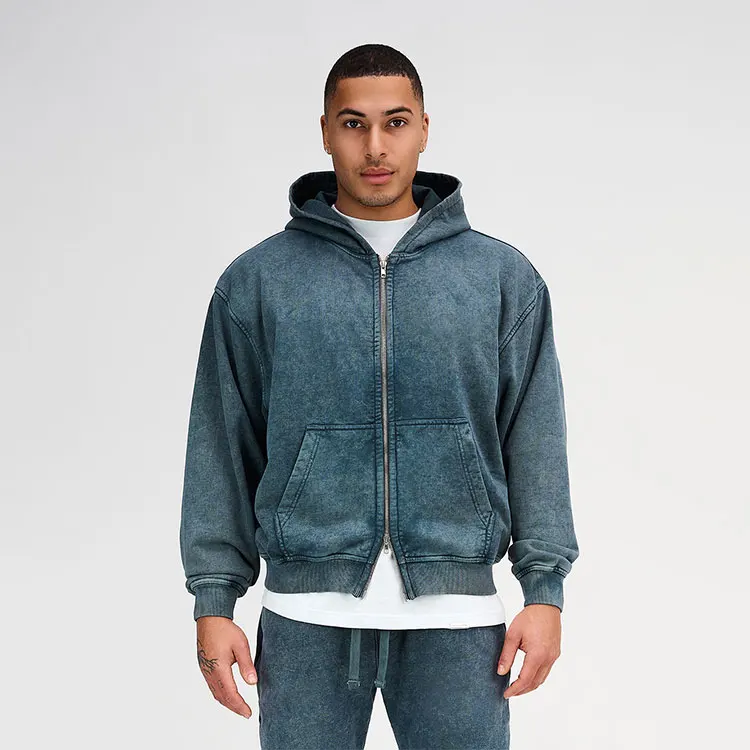 Acid Washed Oversized Embroidered Cropped Hoodies Ripped French Terry Black Distressed Applique Boxy Fit Full Zip Up Hoodies Men