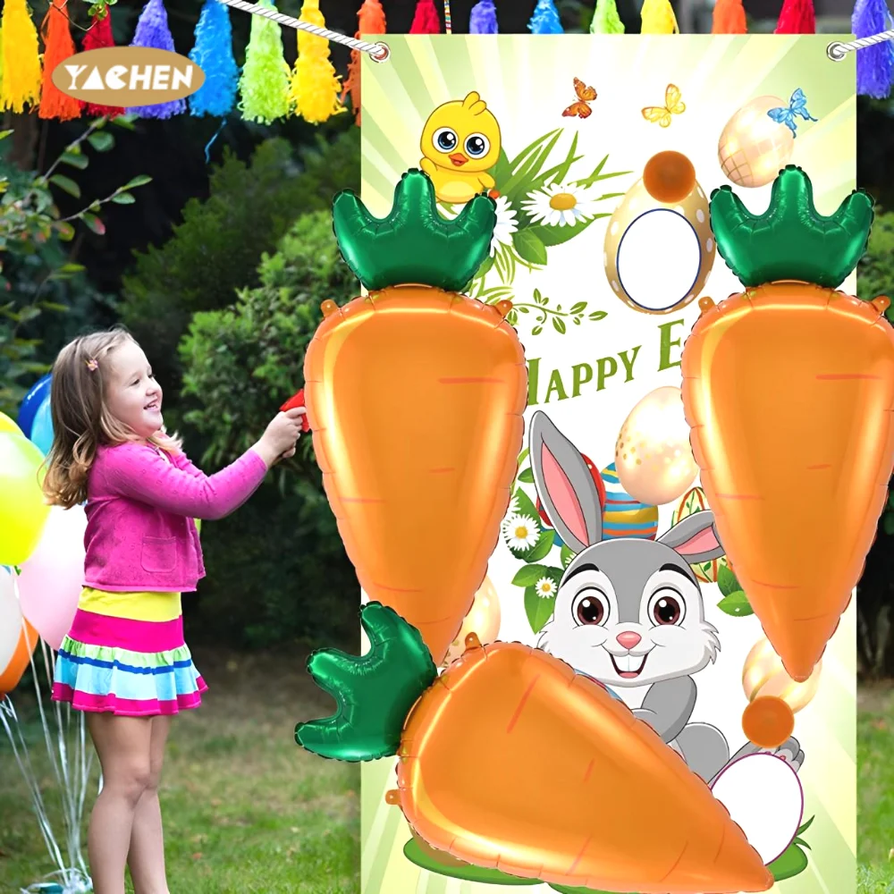 Yachen Happy Easter Globos Balloons Ribbon Bunny Eggs Carrots Chick Aluminum Foil Balloons for Spring Easter Party Decoration