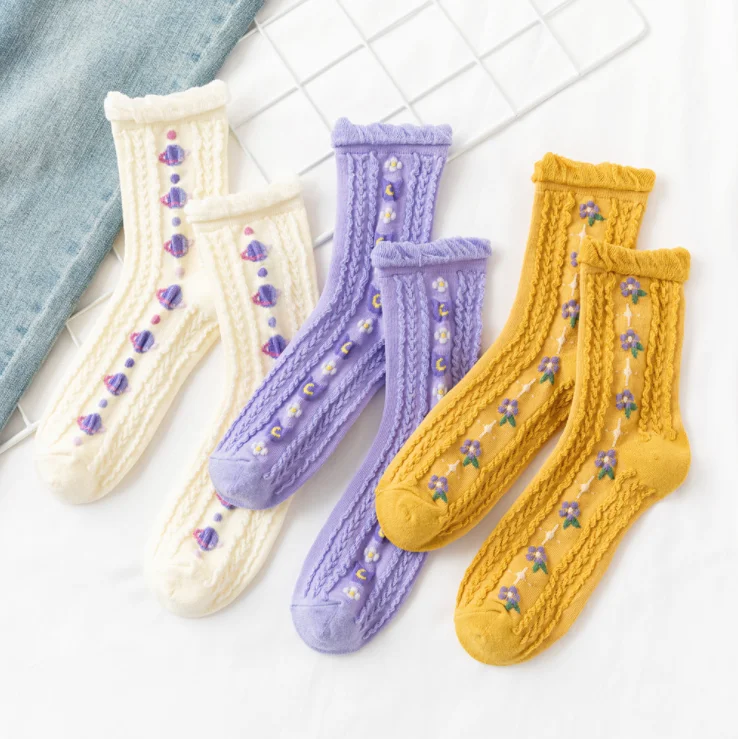 fashion retro Japanese women lady flower pattern cotton crew socks