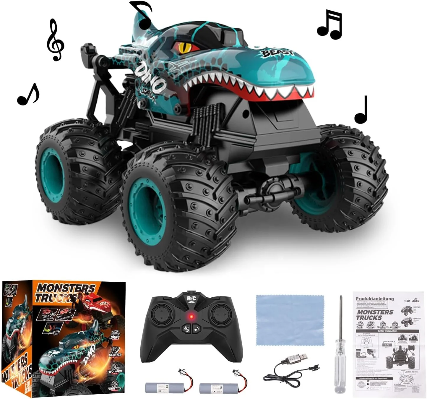 360 Degrees Rotation Led Light 2.4G 1:20 Dinosaur Stunt Drift Remote Control Monster Truck RC Crawler Toys Car Indoor Outdoo