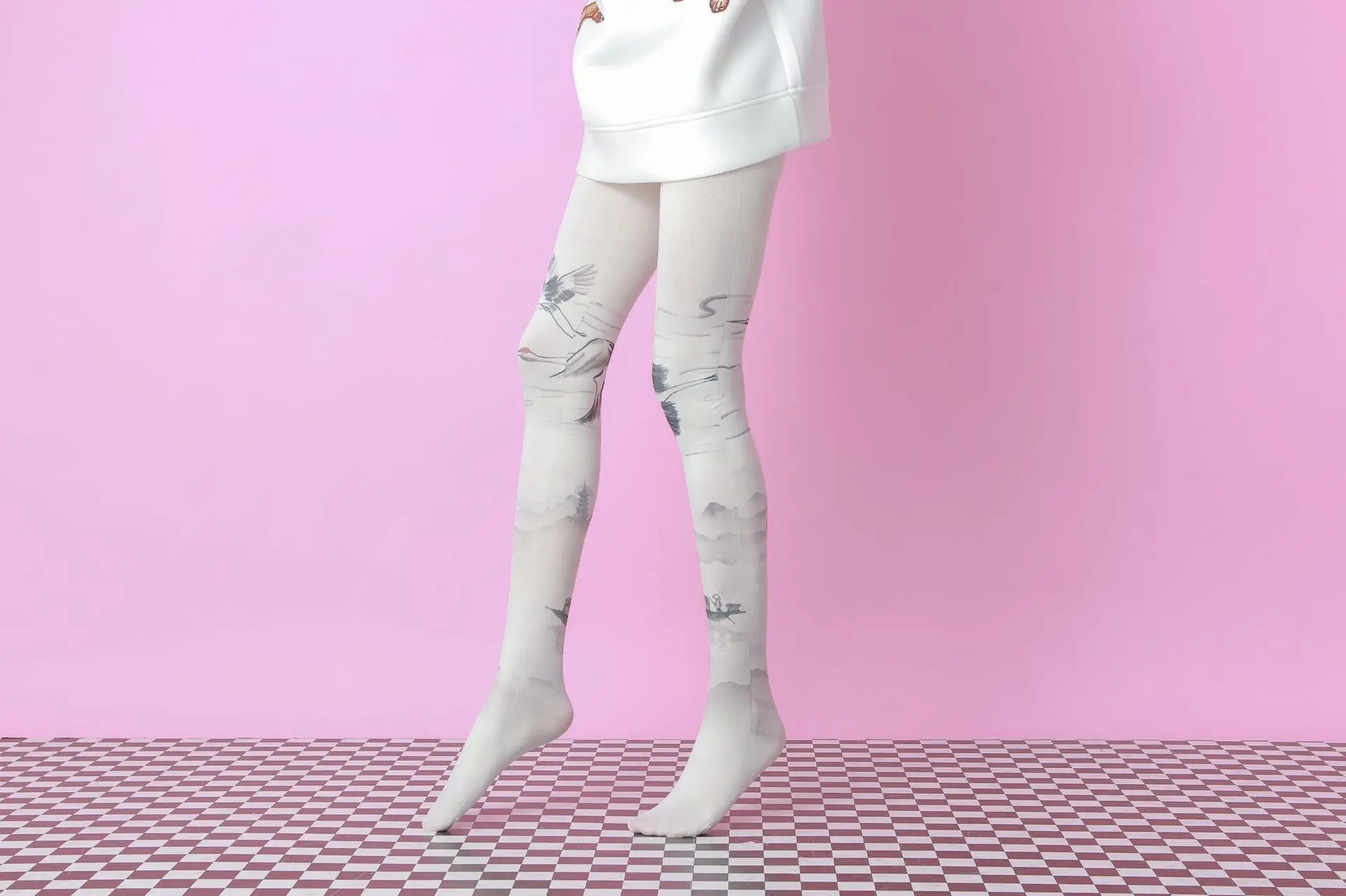 Chinese Ink Painting 360 Print Socks Custom Printed Pantyhose Women Seamless Tights