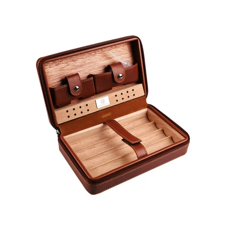 Genuine Leather Wooden Cigar Box Travel Portable Humidor With Hygrometer Custom Cigar Painting Box Display Humidor