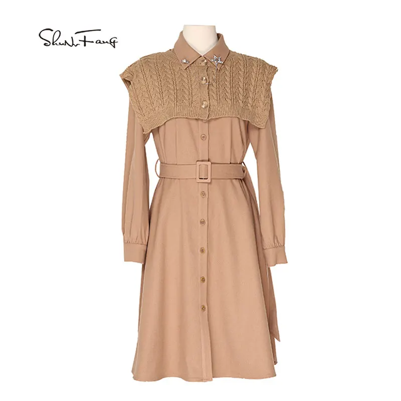 Shunvfang, новинка 2022 года, Модное Длинное Платье, Юбка со свитером, шалью, женский пояс с длинным рукавом и пуговицами, тонкая однотонная ветровка