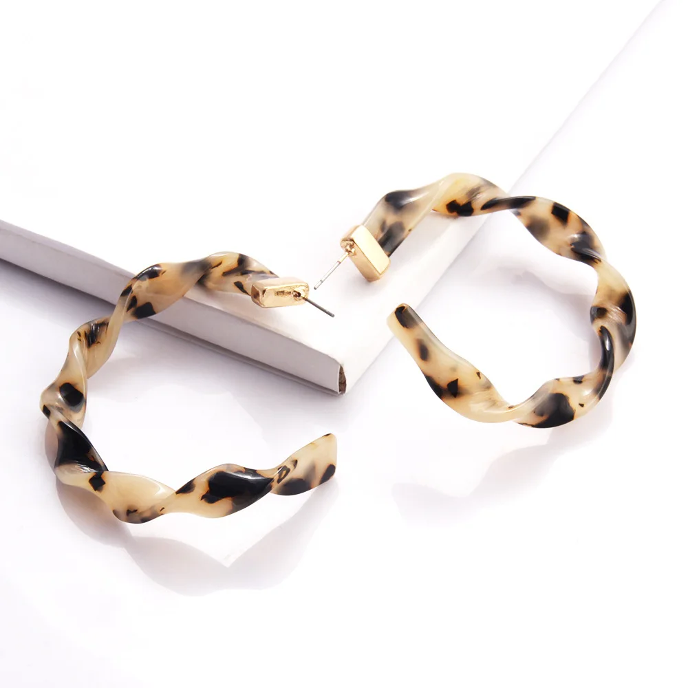 Fashion Women Jewelry Exaggerated Twist Spiral C shaped Tortoise Shell Resin Large Size Acrylic Acetate Stud Pin Hoop Earrings