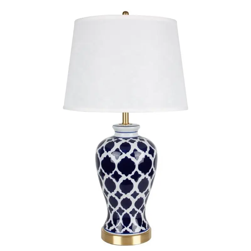 Abstract Nordic Blue And White Bedroom Hotel Ceramic Table Lamp With Fabric Lampshades