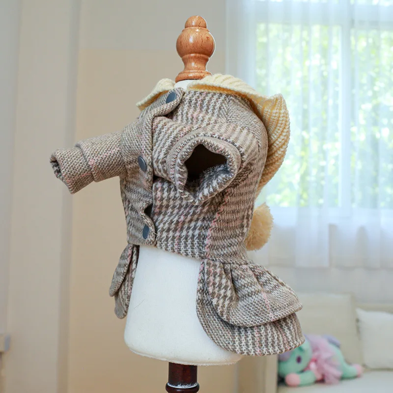 Pet Dog Wear Dog Dress With Hat Gray Plaid Small Medium Pet Hoodies