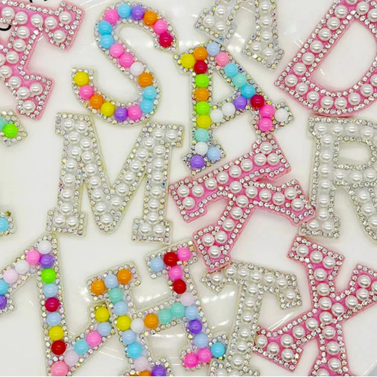 Hot Sale 26 Alphabet Pearl Rhinestone letters Ironing On Patches Applique 3d Diy Pearl Patches Cute Letter Patches