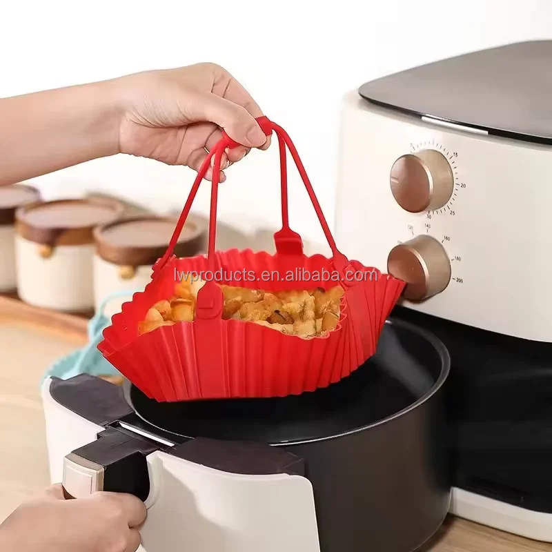 Foldable Air Fryer Silicone Pot with Handle Cake Baking Pan Reusable Non-stick Silicone Air Fryer Liners