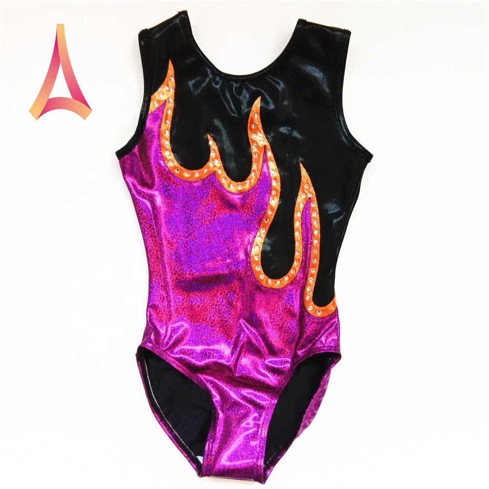 Nylon Spandex Rhythmic Gymnastics Leotards Flame Tank Leotard with Crystal