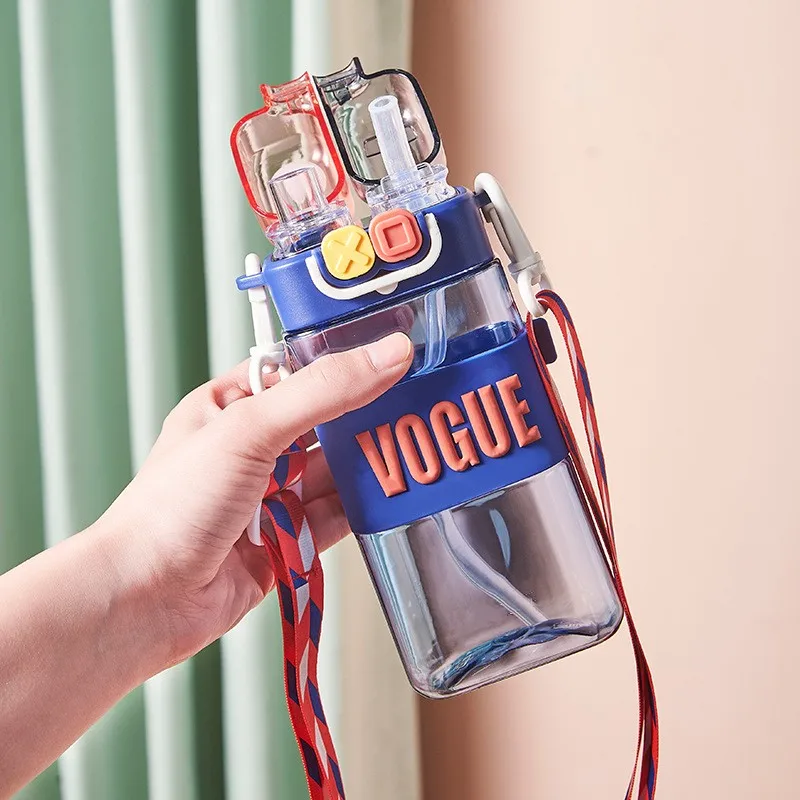 Double Drinking Straw Cup Plastic Double Lid Direct Drinking Drinking Creative Cute Water Bottle for Kids