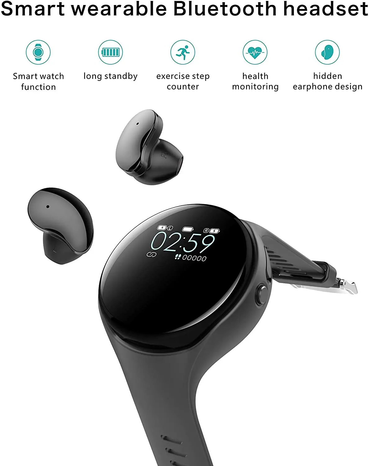 Shemax Smart Watch With Wireless Earbuds, Earbud Mini Watch Shape Headphones TWS Stereo Noise Cancelling Earphones