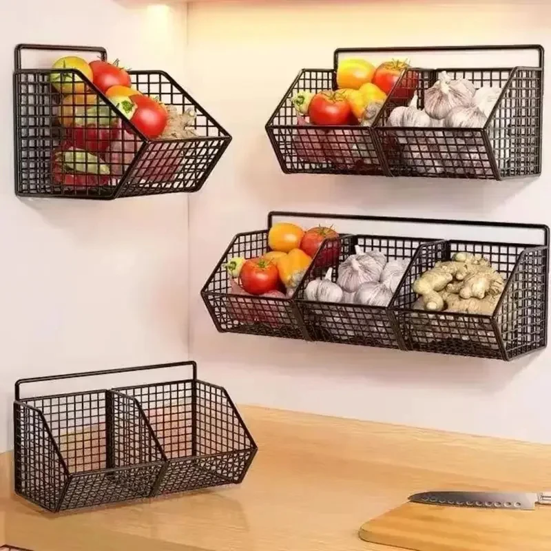 Onion Ginger Garlic Vegetable Fruit Kitchen Waterproof Shelf Condiments Spice Punch-Free Drain Basket Wall Mounted Storage Rack